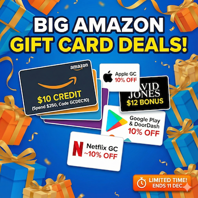 Big Amazon Gift Card Deals — Apple 10% Off, David Jones Bonus $12 & More!