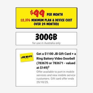 Bonus $1100 JB GC + Ring Doorbell on $99/Month 300GB/Month 2yr JB Hifi Mobile Plan (in-Store, New Customer, Port-in) @ JB Hi-Fi