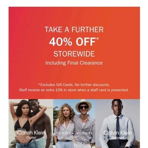 40% off Storewide (Including Final Clearance, Outlet Stores Only) @ Calvin Klein, Tommy Hilfiger & Calvin Klein Tailored