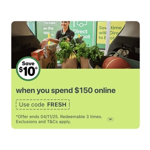 $10 off Minimum $150 Online Spend (3 Uses) @ Woolworths