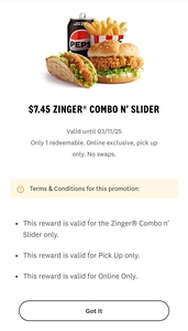 Zinger Combo and Slider $7.45 @ KFC (App Required)