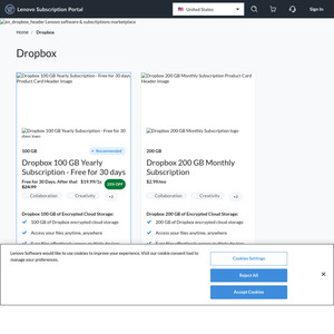 Dropbox 100GB Plan US$19.99/Year, 200GB US$29.99/Year & More @ Lenovo Subscription Portal