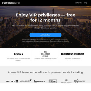 Free 12-Month Trial of FoundersCard – Travel, Hotel & Business Perks/Status (Ongoing US$395/Year, ~A$600) @ FoundersCard