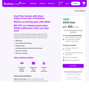 OnePass Mobile 20GB 90-Day Prepaid Mobile SIM Plan $30 Delivered (Bonus 1 Year OnePass Membership) @ OnePass Mobile