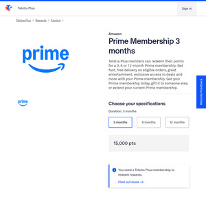 12 Months Amazon Prime Membership 40,000pts @ Telstra Plus Rewards Store