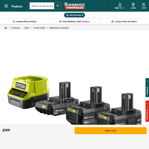 Ryobi 18V ONE+ Twin 4Ah & 2Ah Starter Kit $149 + Delivery ($0 C&C/ in-Store/ OnePass) @ Bunnings