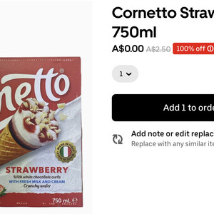Cornetto Strawberry Mp6 750ml $0 @ Spudshed via UberEATS