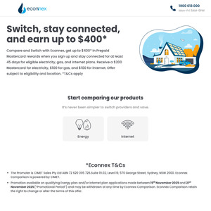 Switch & Stay 45 Days for Bonus Prepaid Mastercard: Electricity $200, Gas $100, Internet $100 @ Econnex (Excl NT, Ergon QLD)