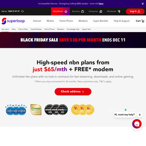 nbn FTTP or HFC & OptiComm FTTP 500/50 $65/Month, 750/50 $74/Month, 1000/100 $79/Month for 6 Months (New Customers) @ Superloop