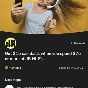 JB Hi-Fi: Get $15 Cashback When You Spend $75 or More @ CommBank Yello (Activation Required)