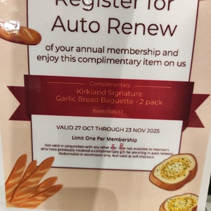 Complimentary 2pk Garlic Bread Baguette for Setting Costco Membership to Auto-Renew (Membership required)