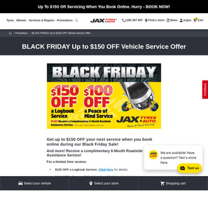 $150 off Car Logbook Servicing Black Friday Deal @JaxTyres&Auto