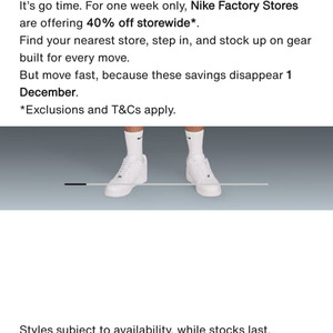 40% off Storewide @ Nike Outlet
