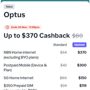 Optus Flex Plus $350 365 prepaid 300GB for $275+$119 cashback @shopback