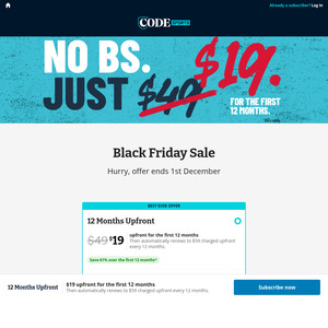 12 Months Subscription $19 @ Code Sports