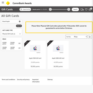 $100 Apple Gift Card for 18,900 Reward Points, $200 Apple Gift Card for 36,900 Points (10% off Points) @ Commbank Award