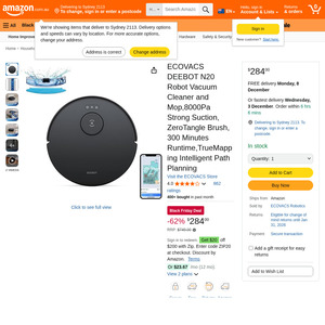 ECOVACS DEEBOT N20 Robot Vacuum Cleaner and Mop @284 @Amazon AU