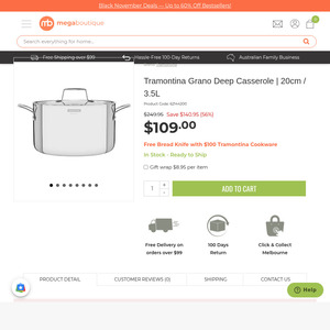 Tramontina Grano 20cm 3.5L casserole $109 Delivered + free bread knife @ mega boutique