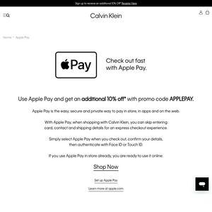 Use Apple Pay and Get 10% off + $7.95 Delivery ($0 with $100 Order) @ Calvin Klein