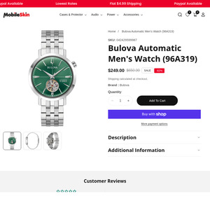 Bulova Dilan Stainless Steel Automatic Green Dial Watch (96A319) at $249 (RRP $650) + $4.99 Shipping @Mobileskin