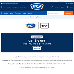 Use Apple Pay and Get $10 off $100 + Delivery ($0 C&C / $120 Order) @ BCF