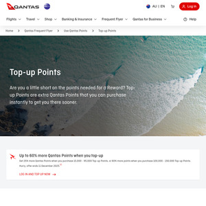 25% Bonus Qantas Points with Purchase of 15,000-95,000 Top up Points; 60% Bonus with 100,000-150,000 Top up Points @ Qantas