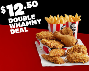 Double Whammy (2x Orig Recipe, 2x Fiery Zinger Fillet, 2x Wicked Wings, 2x Orig Tenders & Reg Chips) $12.50 @ KFC (App & Online)
