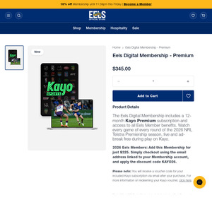 Kayo Premium 12 months $345 via Parramatta Eels Digital Membership