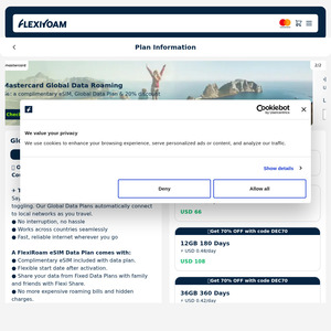 70% off Travel Global eSIM: 180 Day 12GB US$32 / A$48, 36GB 360 Days US$56 / A$84, 60GB 360 Day US$86 / A$129 @ Flexiroam