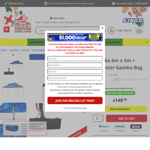 Kings 6M X 3M Gazebo w/ Polyester Bag $148.95 @ 4WD Supacentre
