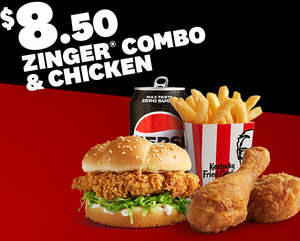 Zinger Combo & 2x Original Recipe Chicken Regular Size $8.50 (Large Size $11), Pickup & App Only @ KFC