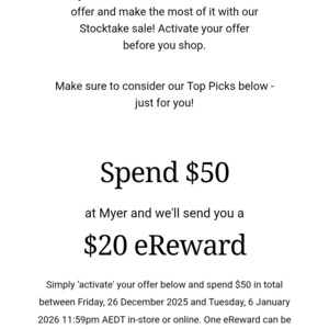$20 Myer Gift Voucher for Spending $50