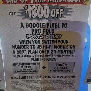 Google Pixel 10 Pro Fold 256GB $897 With $89/Month Plan for 24 Months (in-Store & Port-in Customer Only) @ JB Hi-Fi