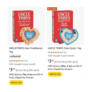 Uncle Tobys Quick or Traditional Oats 1kg $3.25 ($2.92 Sub & Save) + Delivery ($0 with Prime/ $59 Spend) @ Amazon AU
