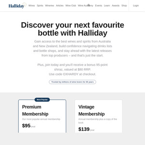 Free Ox Hardy 95pt Shiraz ($80 RRP) with Halliday Wine Companion Premium $95 or Vintage $139 Annual Membership