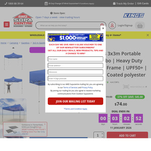 Kings - Gazebo 3m X 3m & Bag $74 (Was $119) + Delivery ($45) or ($0 C&C) @ 4WD Supa Centre (Ends at Midnight 11th Jan)