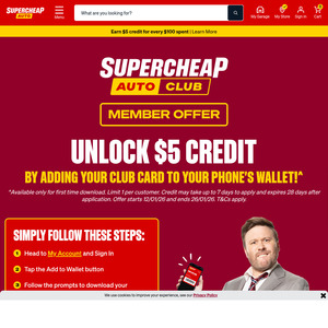 $5 Credit for Adding SCA Club Card to Digital Wallet for The First Time @ Supercheap Auto