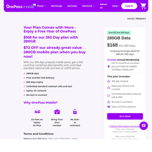 OnePass Mobile 365-Day Prepaid Plan with 280GB for $168 Delivered (Optus 4G Network) & Bonus 1-Year of OnePass @ OnePass Mobile