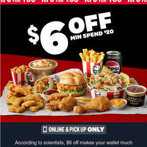 $6 off $20 Min Spend (Pickup Only) @ KFC App or Web Only