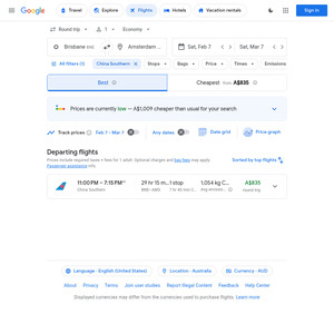 China Southern: Amsterdam ex BNE $721, MEL $714, SYD $723 Return (Feb & Mar, 2 x Checked Bags) @ Google Flights
