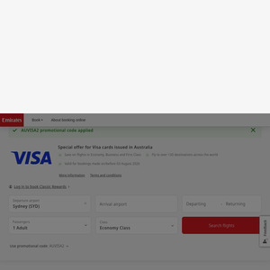 Save up to AUD $550 when you pay with a valid Visa card or Mastercard @ Emirates