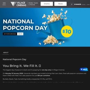 Bring Your Own Container and Fill It with Popcorn for $10 (50cm X 50cm X 50cm) for Vrewards Members @ Village Cinemas