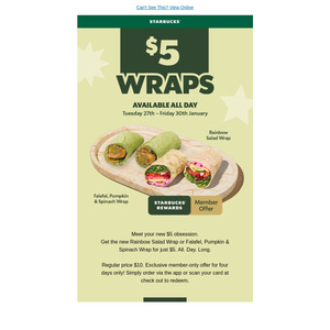 Rainbow Salad Wrap or Falafel, Pumpkin & Spinach Wrap $5 @ Starbucks (Mobile App)