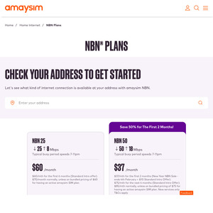 nbn 50/20 $37/M for 2 Months, nbn 500/50 $60/M for 6 Months, nbn 1000/100 $50/M for 2 Months (New Customers) @ amaysim