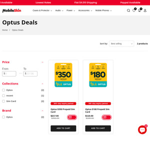 Optus $350 Prepaid Sim Card 300GB Data 365 Days at $217 & $180 Sim Card 186 Days at $110 + $4.99 Shipping @Mobileskin