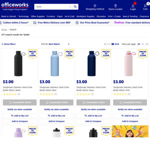 Drink Bottles from $0.25, Stainless Steel Bottle/Lunch Bag from $1 + Delivery ($0 in-Store/ C&C/ OnePass) @ Officeworks