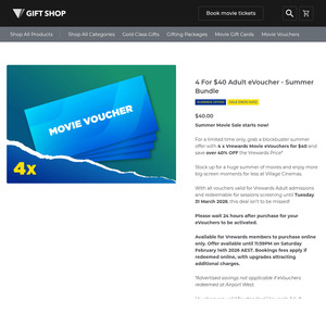 4 for $40 Adult Vouchers@ @ Village Cinemas
