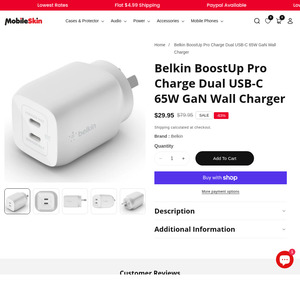Belkin BoostUp Charge Pro Dual USB-C 65W GaN Wall Charger at $29.95 + $4.99 Shipping @Mobileskin