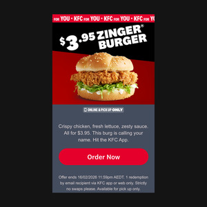 Zinger Burger $3.95 @ KFC (Online or App)