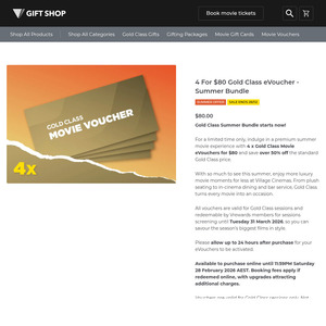 Village Cinemas 4x Vrewards Gold Class eVouchers $80